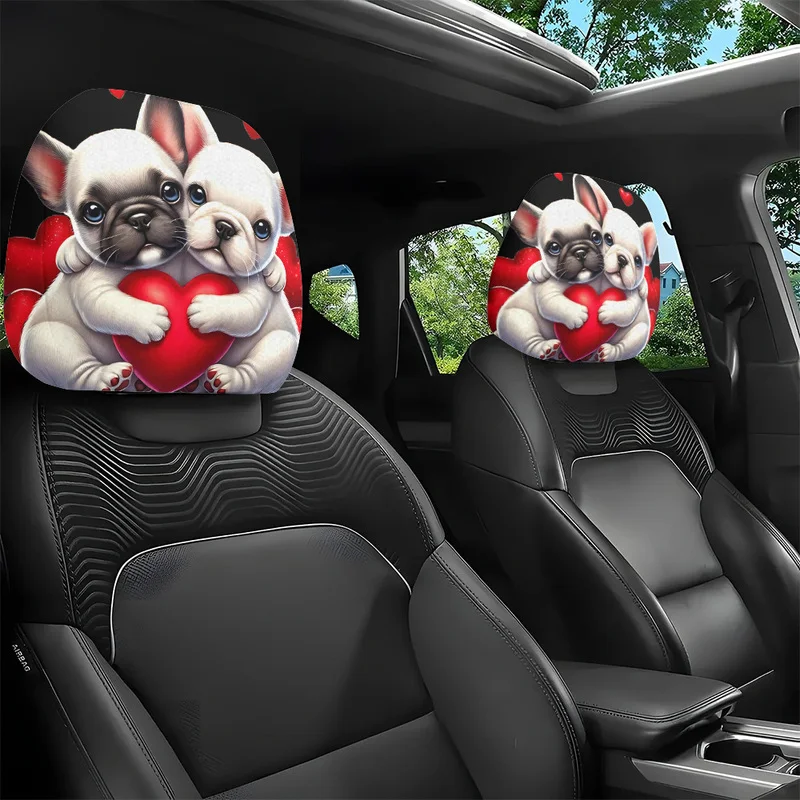 1/2 Pcs Car Headrest Covers - Cute French Bulldog Puppy Red Heart Print For Valentine Pet Lovers