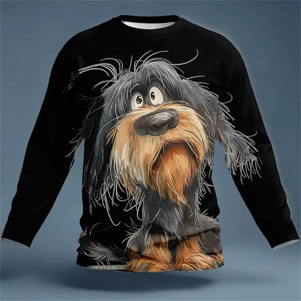 Men Weird Cute Cartoon Dog 3DPrint Long‑Sleeve TShirt Color Splash Graffiti Art Tee Novelty Animal Art Casual Long Sleeve Shirts