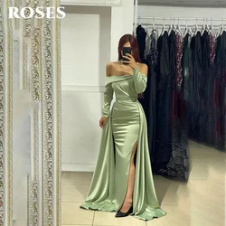 ROSES Sage Green Prom Dress Stain Mermaid Celebrity Dress Full Sleeves Women's Evening Dress Off the Shoulder Formal Gown 프롬 드레스