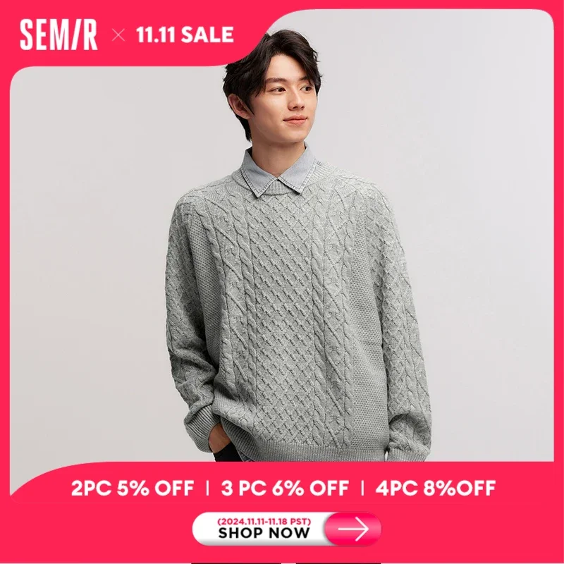 Semir Knitted Sweater Men 2024 New Winter Inner Wear Solid Color Cable Knit Sweater Couple