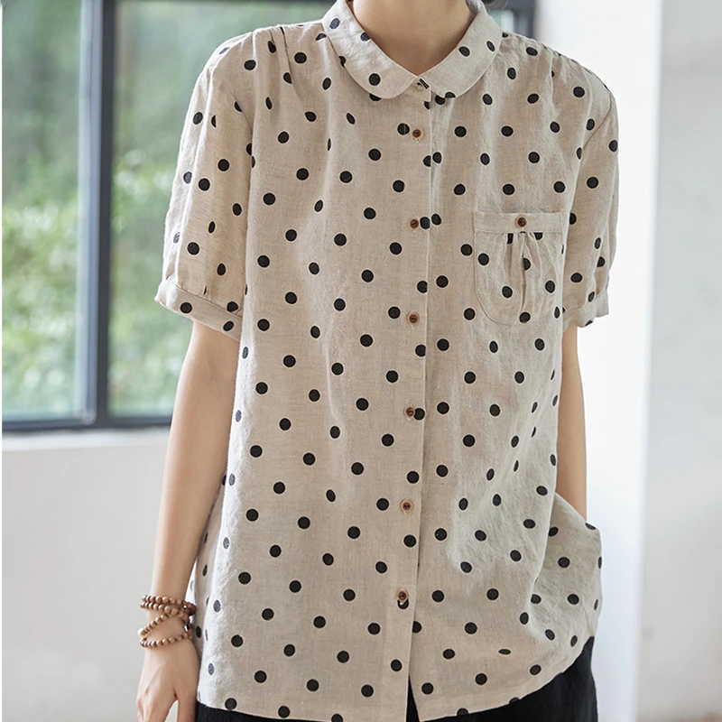 

New Spring Summer Dot Cotton Linen Blouse Shirt Button Elegant Office Ladies Women Casual Loose Tops Temperament Blusas Z114