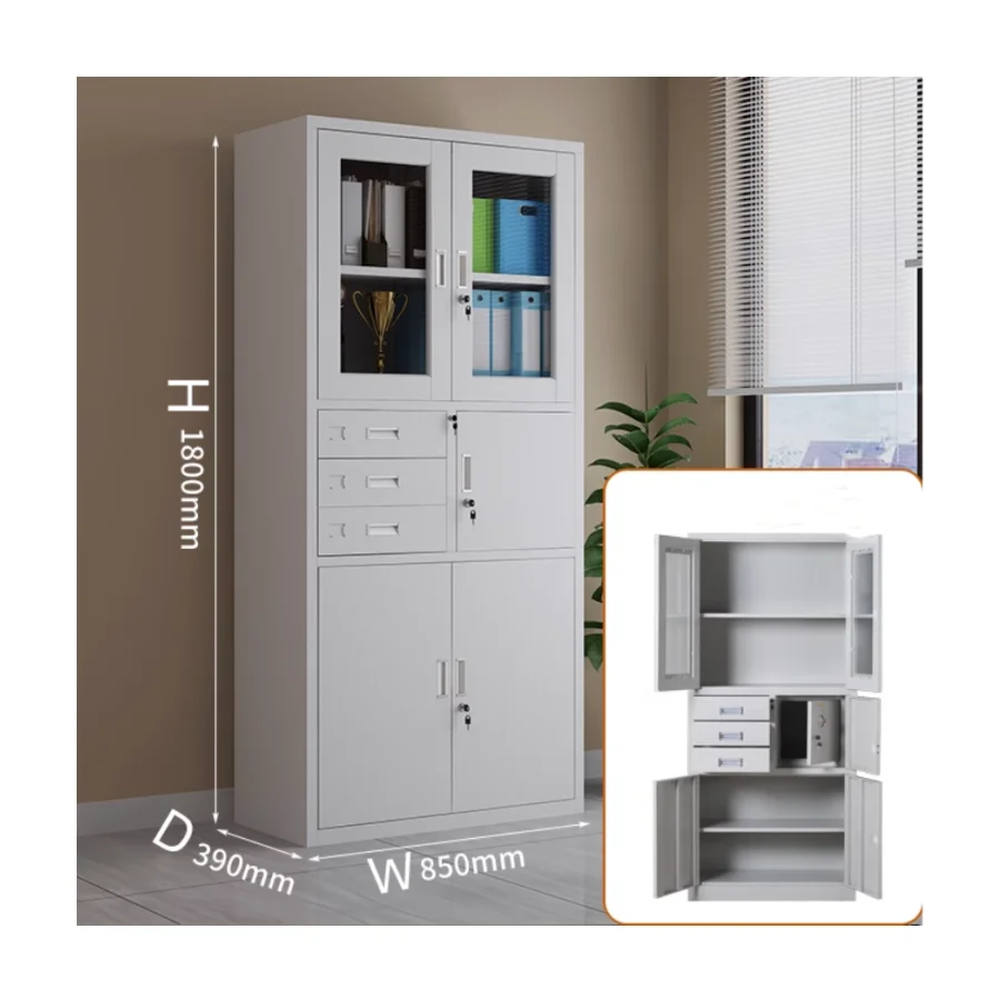 3-Drawer Steel Lockers Office Filing Storage Glass and Steel Doors Adjustable Shelf for Office or Workshop