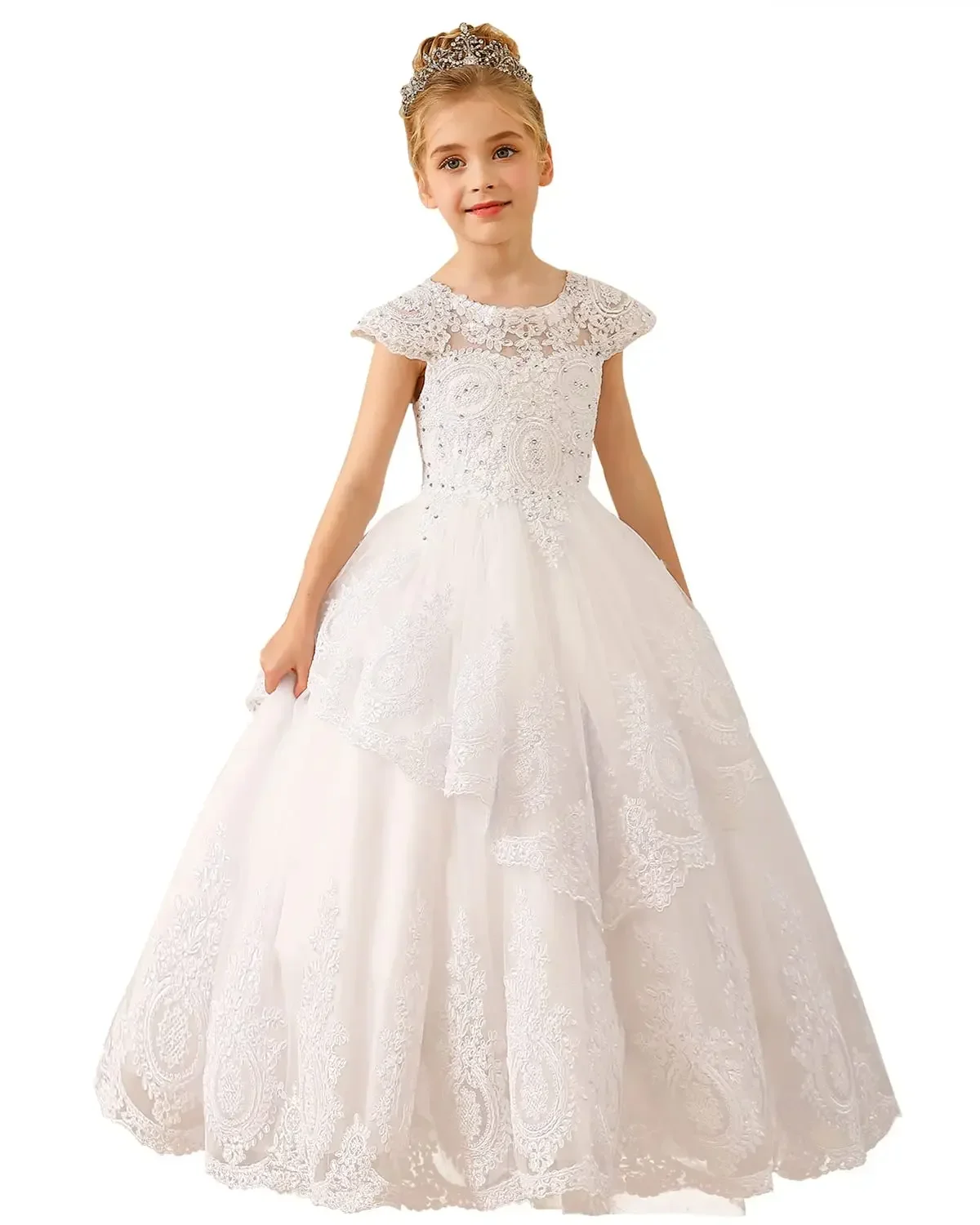 Fower-vestidos de novia para niña, Mangas de casquillo, Pagenat, vestido largo para niños pequeños, Apliques de encaje de cuentas, vestidos de primera comunión, blanco