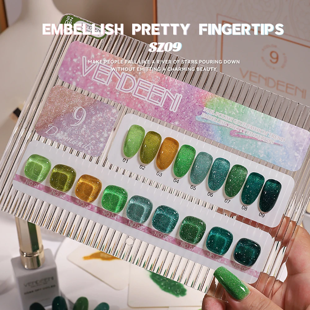 Vendeeni 9 Farben/Set Grüner Glitzer-Broken-Diamond-Gel-Nagellack TPO FREI Semi-Permanenter Glitzer-UV-LED-Gel-Lack mit Display – Detail 6