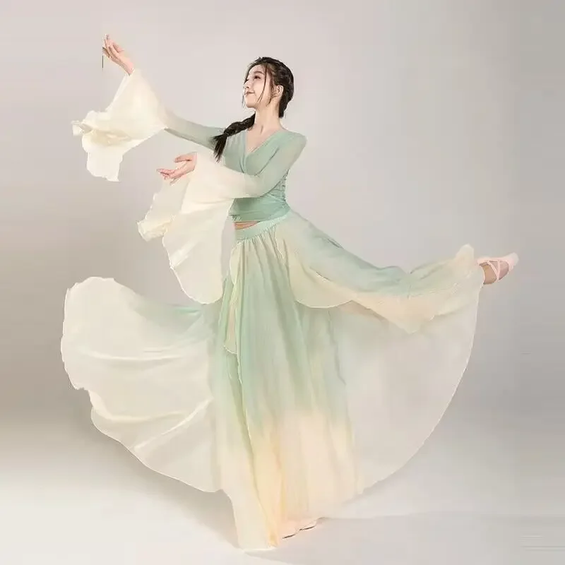 

Chinese style folk dance classical dancer performance costumes practice clothes body rhyme long outer chinese dance dress
