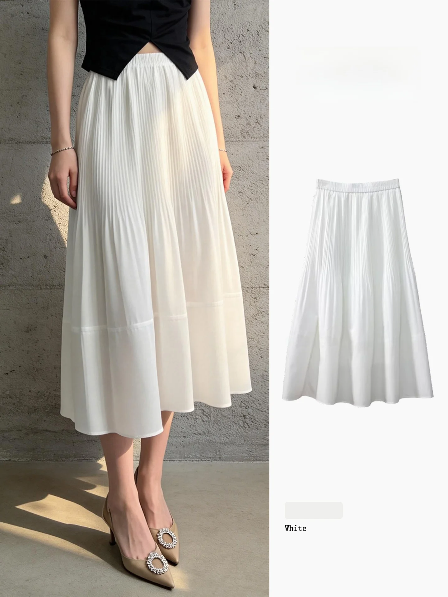 

White Gentle Wind Pleated Midi Skirt Women's High Waist Slim A-Line Skirt Drapey Versatile Mid-Length Skirt Summer Fashion