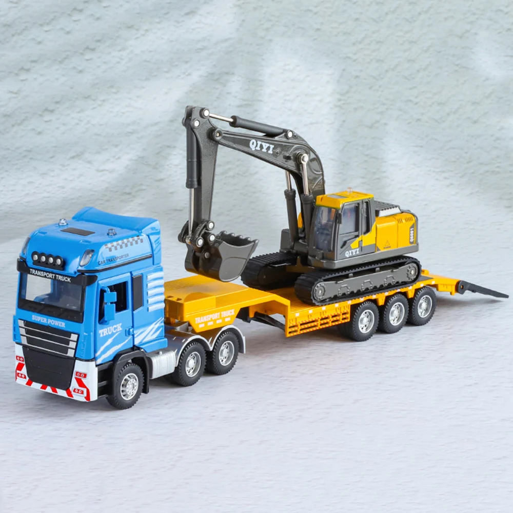 1:48 Flatbed Truck Mounted Excavator Toys Cars Miniature Models Alloy Diecast with Light Music Engineering Car Child Adult Gifts