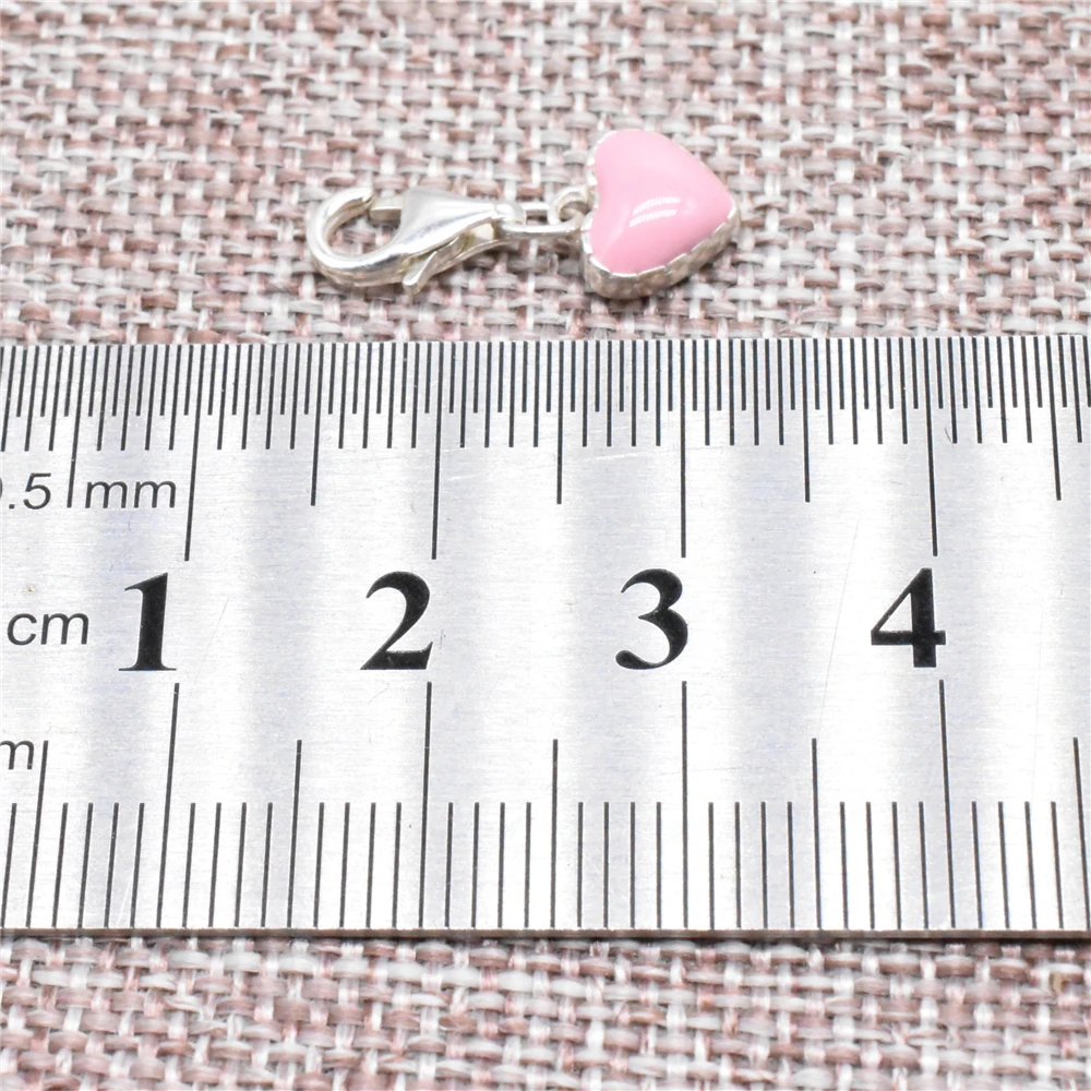 Sterling Silver Pink Heart Clip On Charm 925 Silver Love Charm Enameled w/ Clip On Clasp