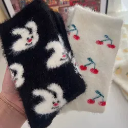 Mink Velvet Socks Women Autumn Winter Cartoon Rabbit Cherry Soft Kawaii Cute Thicken Thermal Coral Velvet Sleep Plush Floor Sock