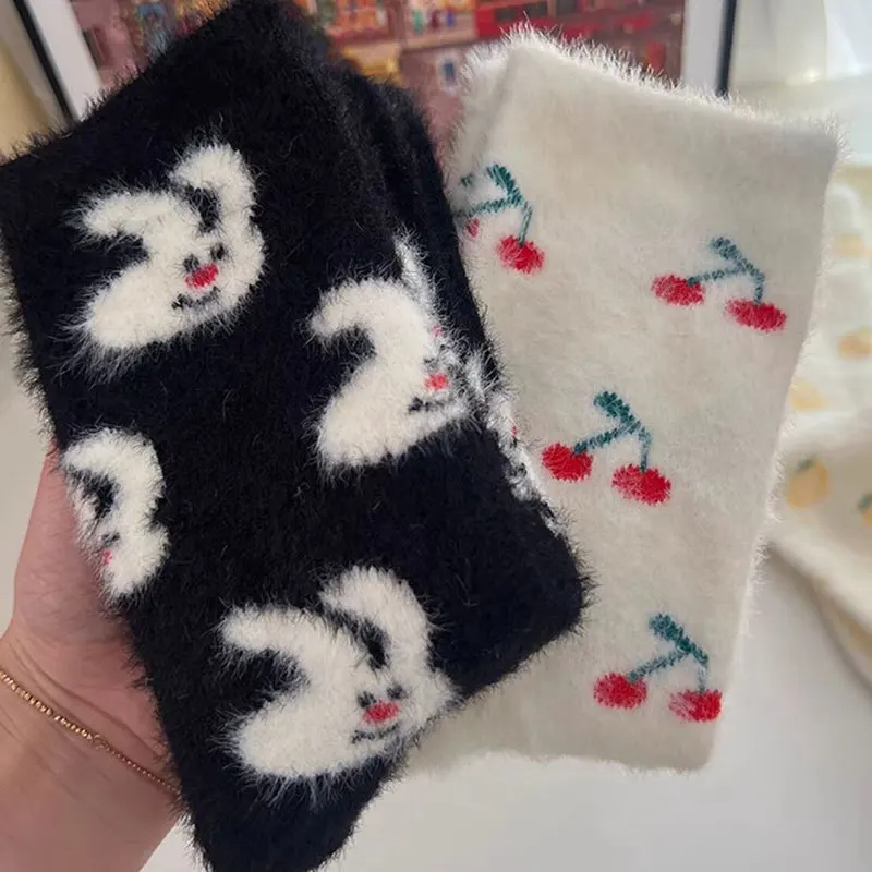 Mink Velvet Socks Women Autumn Winter Cartoon Rabbit Cherry Soft Kawaii Cute Thicken Thermal Coral Velvet Sleep Plush Floor Sock