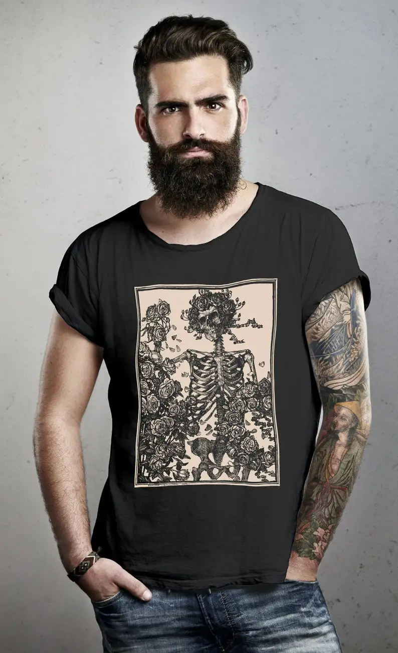 Gothic Skull & Roses T-Shirt Grateful Skeleton Tee cotton Vintage round neck Hip Hop Men Women Streetwear Tees Short Sleeve