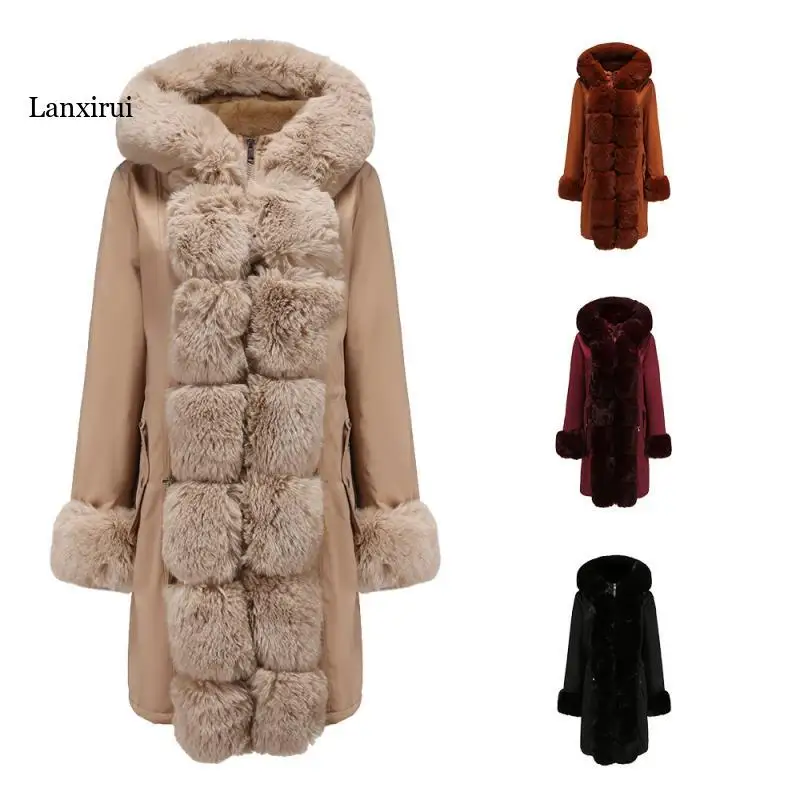 

Winter New Women Coat Women's Detachable Fur Collar Mid-Length Long Sleeve Parker Solid Color Hooded Warm Cotton-Padded Jacket