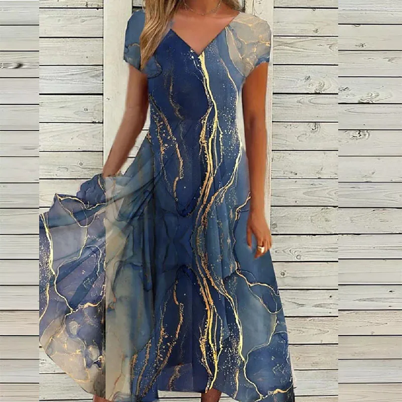 Abito lungo estivo da donna elegante vintage Abito estivo da spiaggia con scollo a V sexy Casual Boho Holiday Abiti stampati larghi Abiti femminili