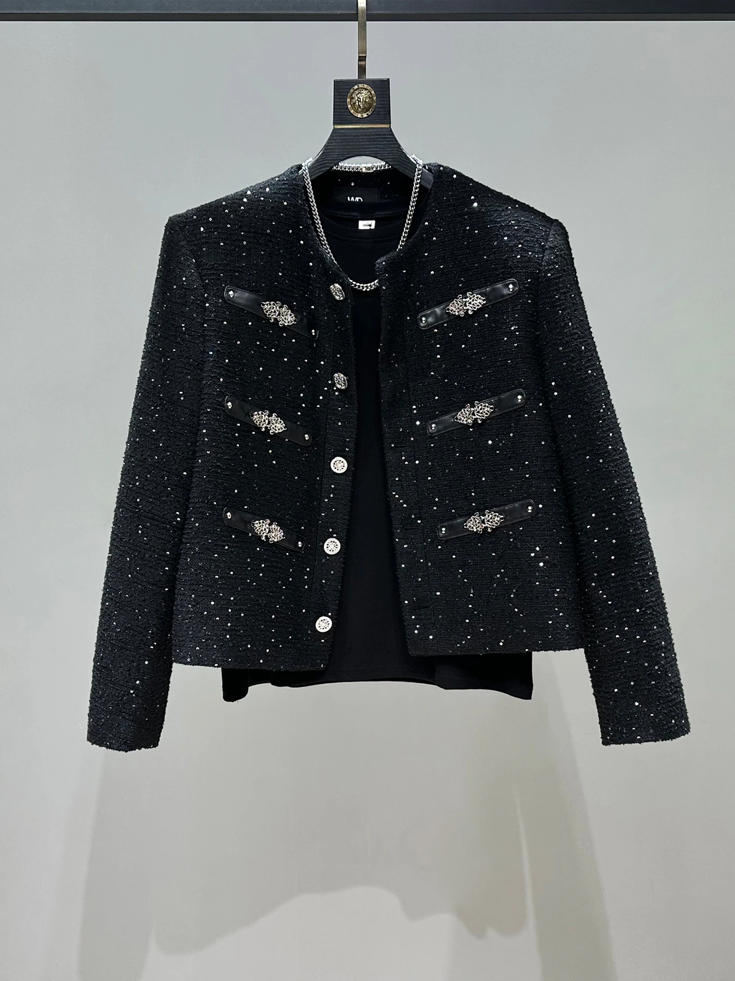 

Новая мужская стеганая куртка с наплечными накладками из черного твида с пайетками, осенняя модная верхняя одежда из полиэстера