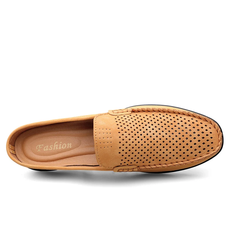 Calçado de couro masculino, mulas casuais, chinelos respiráveis, sapatos confortáveis, amarelo, preto, bege, verão