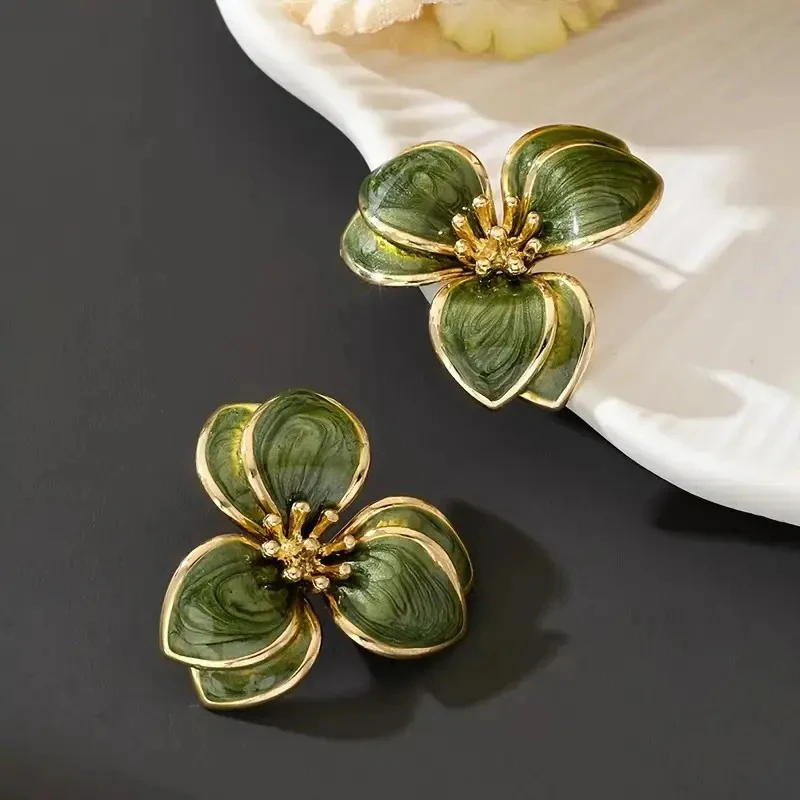 Huitan Green Enamel Flower Stud Earrings for Women Aesthetic Double Layer Floral Earrings Wedding Party Female Trendy Jewelry