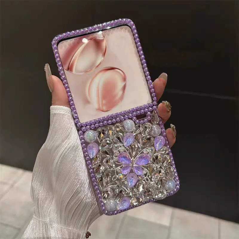 Luxury Crystal Pearl Elegant Butterfly Diamond Wrist Phone Case Cover For Motorola Razr 50 40 Moto Razr40 2023 2024 Plus Ultra