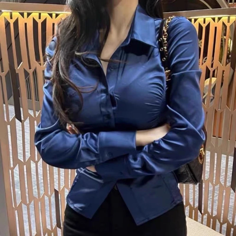 New Pleated Sexy Busty Big Feminine Lapel Buttoned Satin Shirt Women's Long-sleeved Top