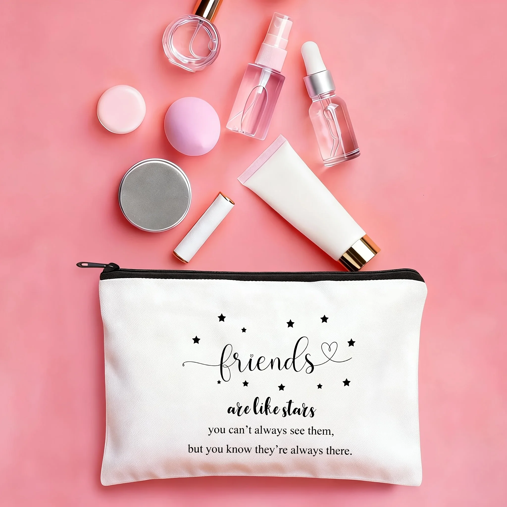 

Friends Are Like Stars Cosmetic Bag – "Always There" Inspirational Makeup Pouch, Long Distance Friendship Gift for Women, Men