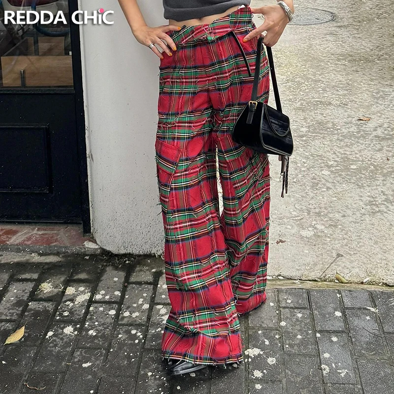 REDDACHiC Vintage Tartan Plaid Women Trousers High Waist Wide Leg Color Block Destroyed Tassels Pockets Cargo Pants Streetwear