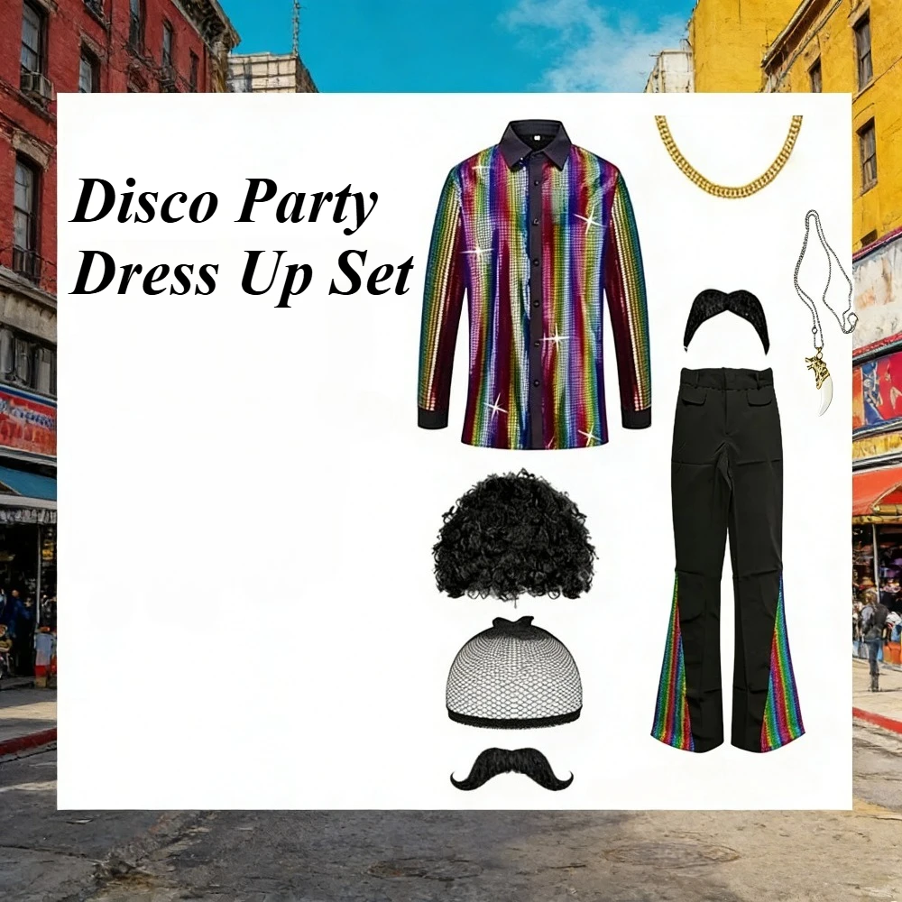 

2026 Spring Men's 70s Disco Costume Set with Accessories Pullover + Flared Pants Vintage Classic Casual Party Performance Outfit