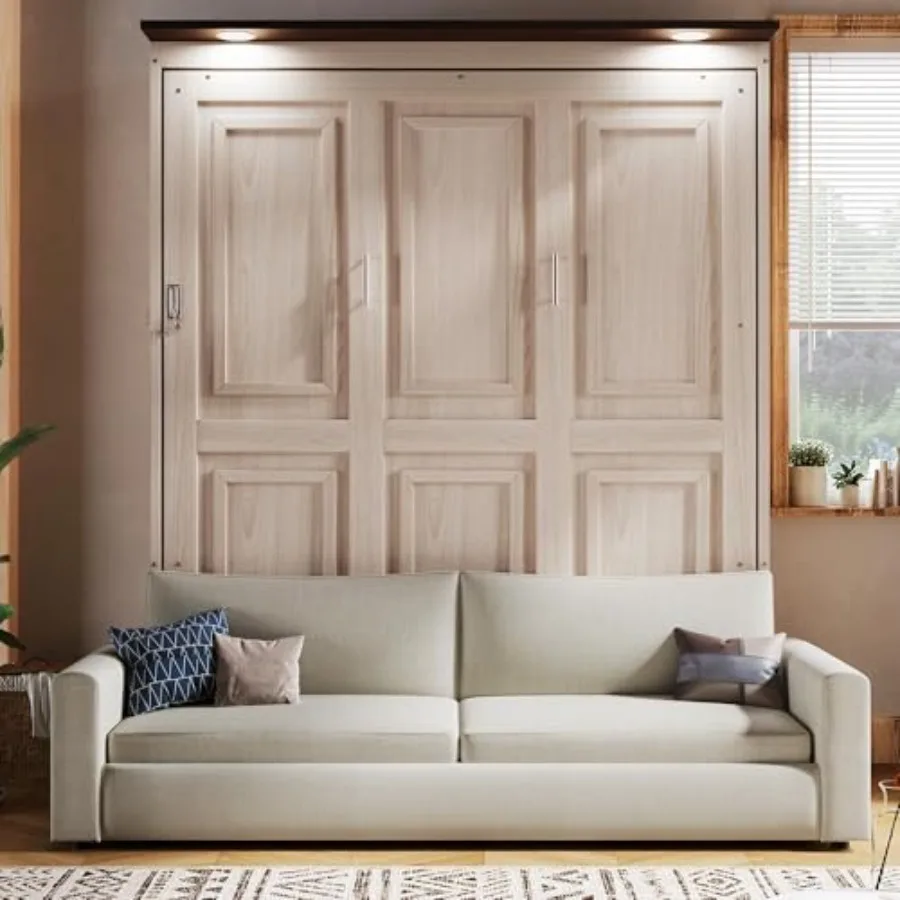 

Queen Murphy Bed with Couch and LED Lighting, Solid Wood Farmhouse Folding Murphy Wall Bed Cabinet with Sofa for Adults, Natura