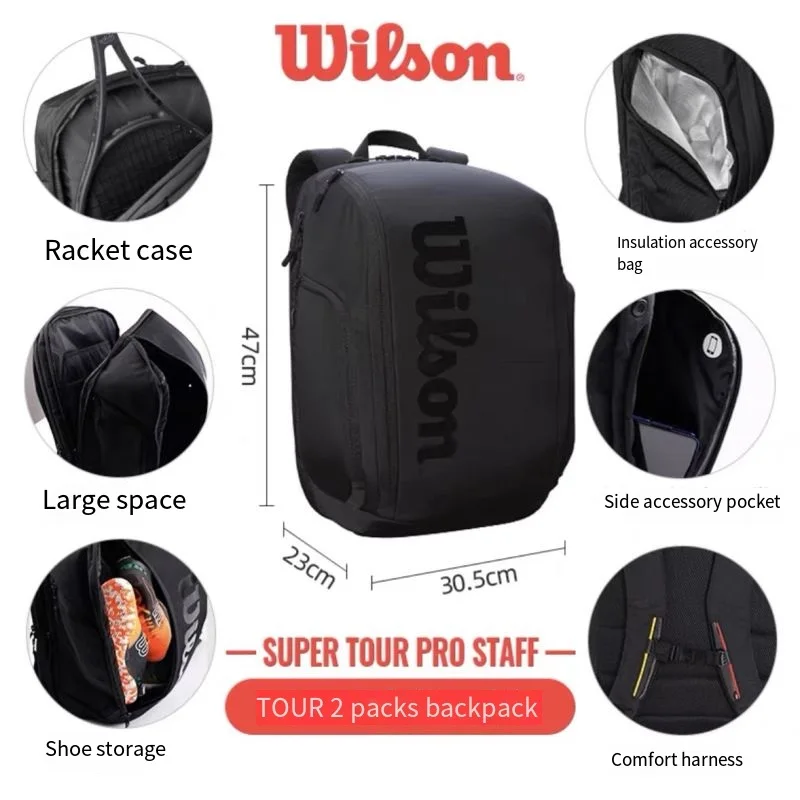 wilson-sac-a-dos-de-tennis-noir-original-roger-federer-tour-team-2-raquettes-avec-compartiment-d'isolation-haute-qualite