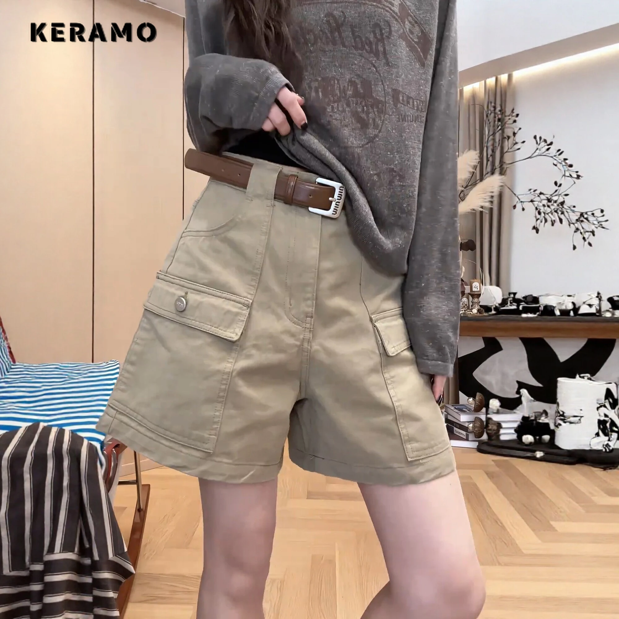 

2026 Women's Baggy Khaki Cargo Shorts High Waisted Ripped Jean Short Pants Multi-Pocket Summer Streetwear Feamle