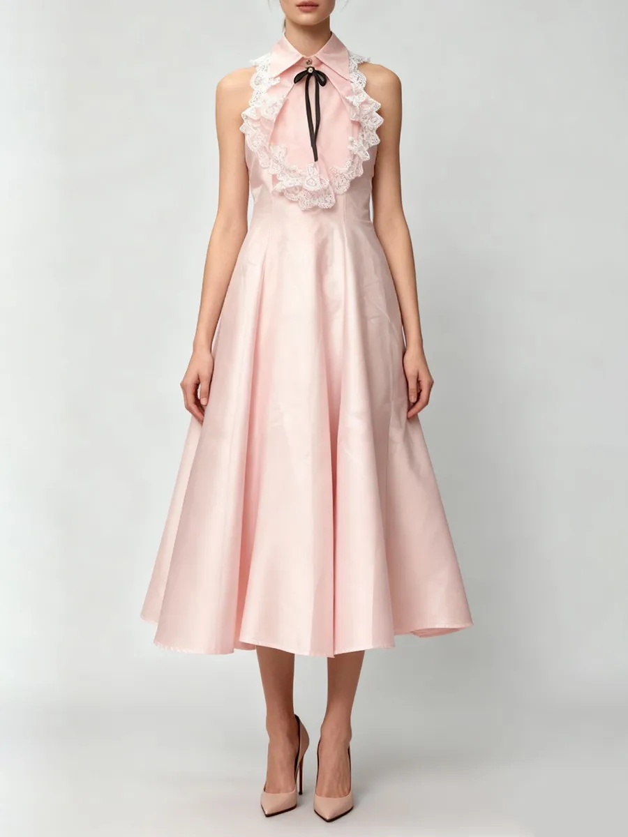 TWOTWINSTYLE エレガントなスリムフィット、レースを組み合わせたロングドレス、女性用、襟付きノースリーブ、ハイウエスト、パッチワーク、蝶結びドレス、女性用新作