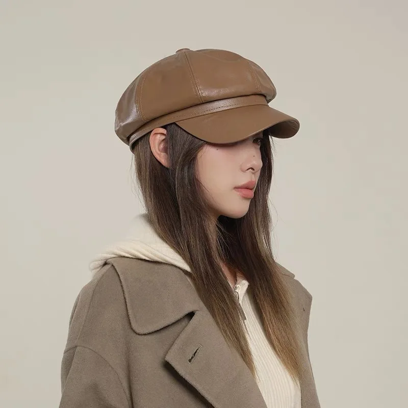 Fashion Classic PU Leather Octagonal Bakerboy Hat Women French Artists Beret Unisex Newsboy Cap