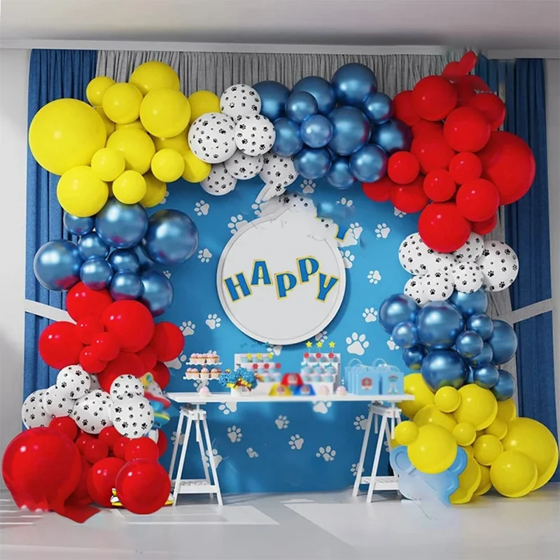犬の足のプリントラテックスバルーンガーランドセット、耐久性のあるパーティー、使いやすい、赤、黄色、メタリック、青