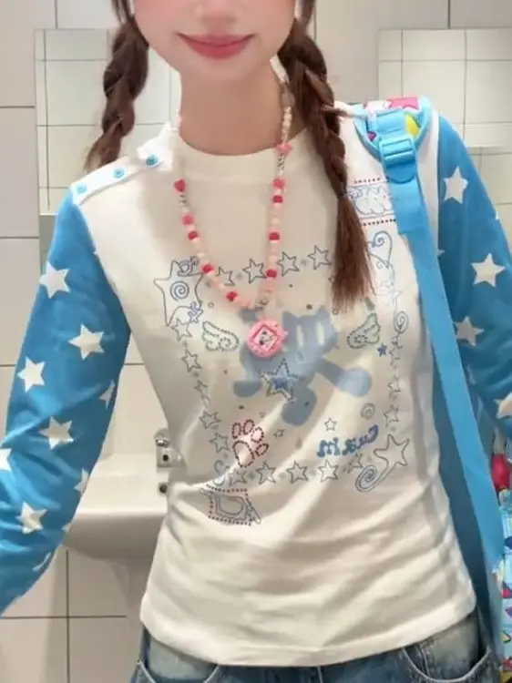 Retro American Star Print Long Sleeve Women's T-shirt Slim Fit Early Autumn New Style Design Sensation Shoulder Level Top
