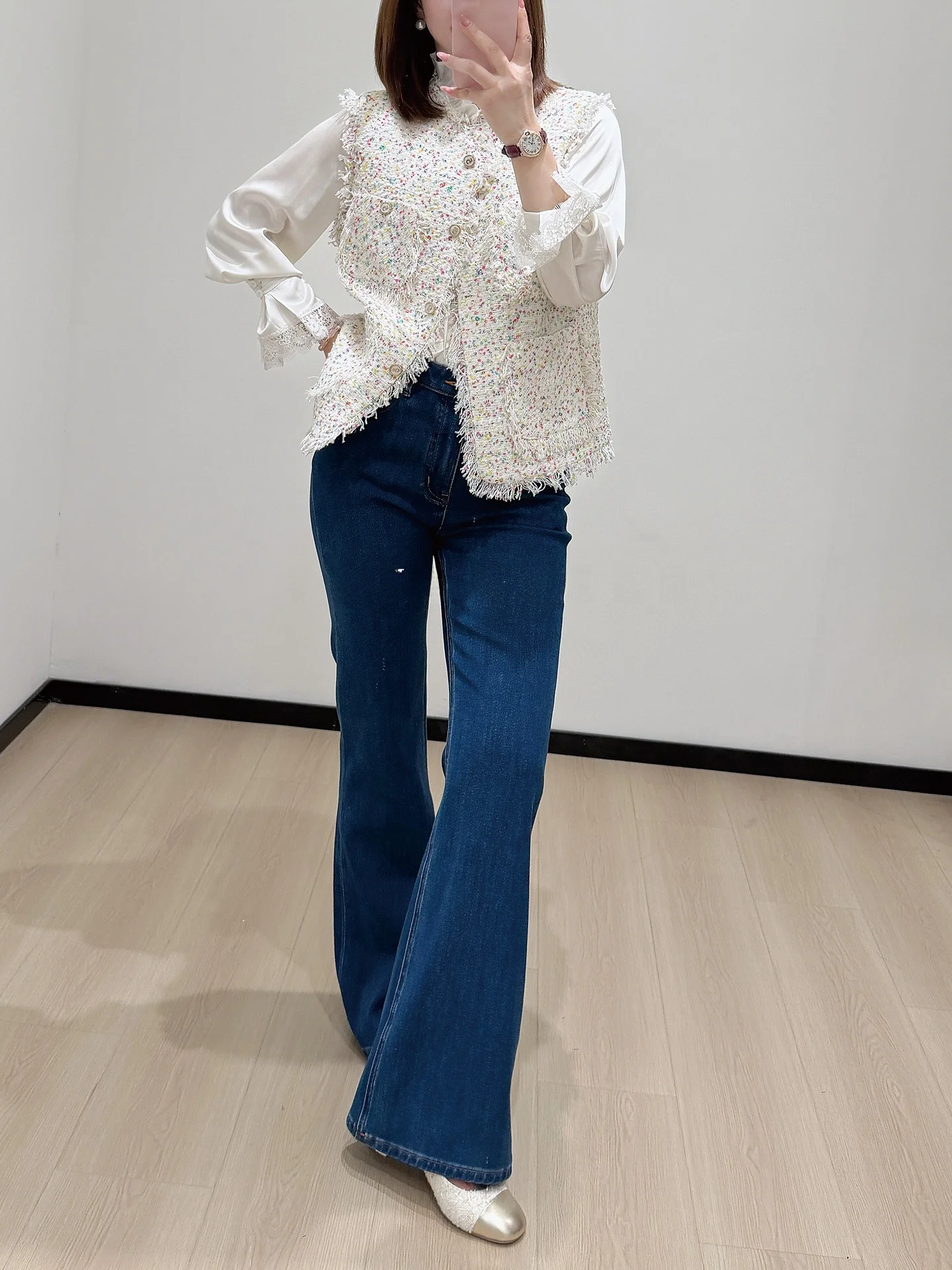 

Waed Vintage Blue Flared Jeans Women's Stand Fit Jeans Long Leg Lengthening Capri Jeans Cotton l Waist Button Closure