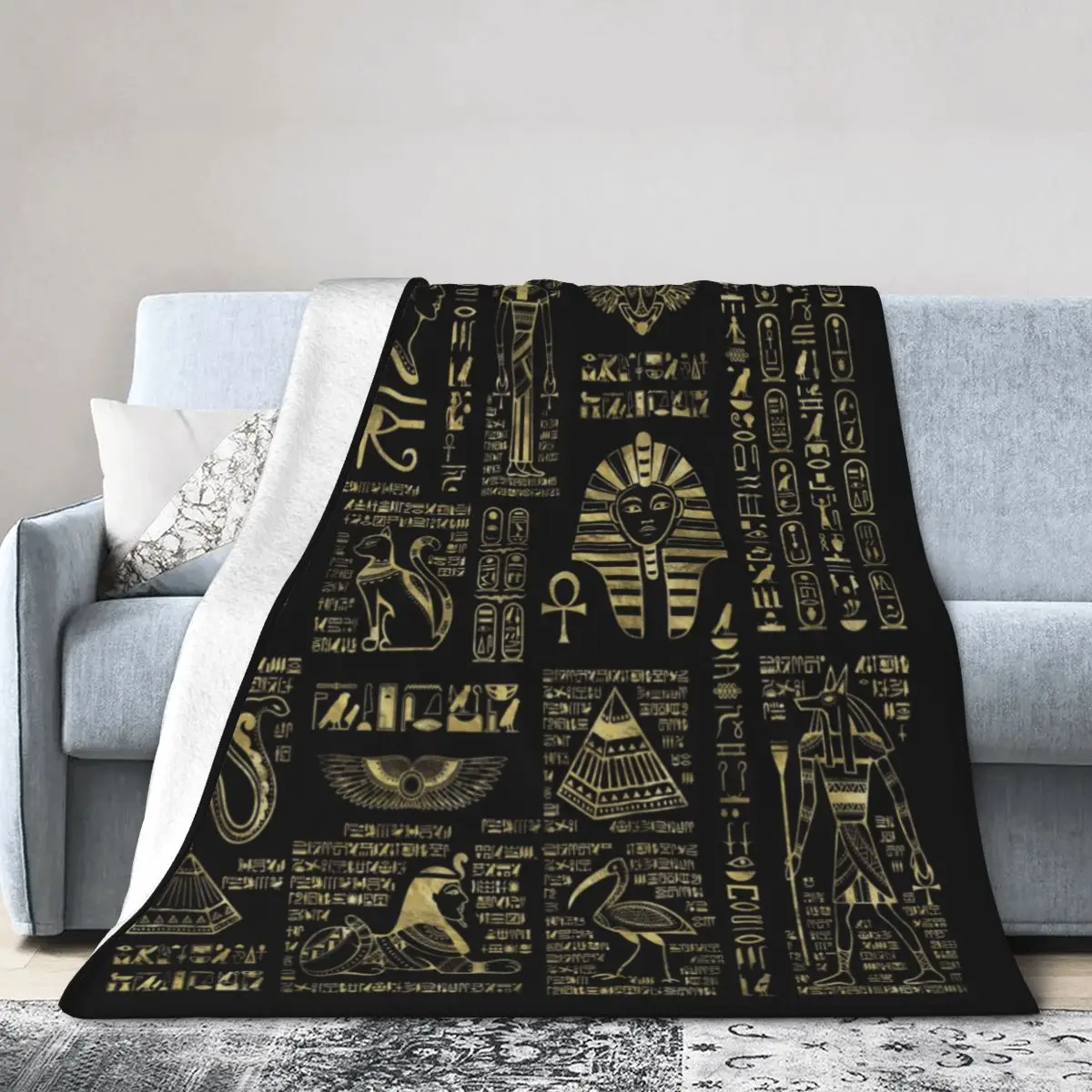 Egyptian Hieroglyphs And Deities Gold On Black Various sizes are offered Cute blanket Anime decor Blanket for Home Large Throw