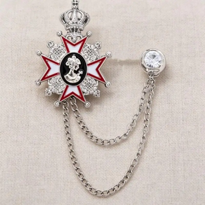 Elegant Popular Metal Electroplated Gold Crown Beauty Head Dotted Paint Medal Breast Pins With Tassels Chains Jewelry Accessory