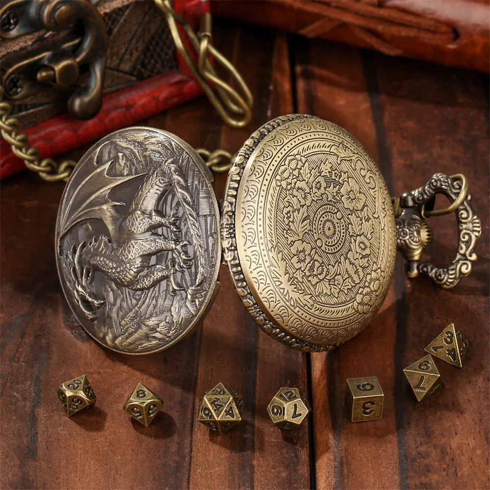 Vintage Metal Dragon Pocket Watch Case Dice Sets Retro Gift for Game Dices Lovers Fob Chain Pendant Pocket Clock Case Mini Dices view 4