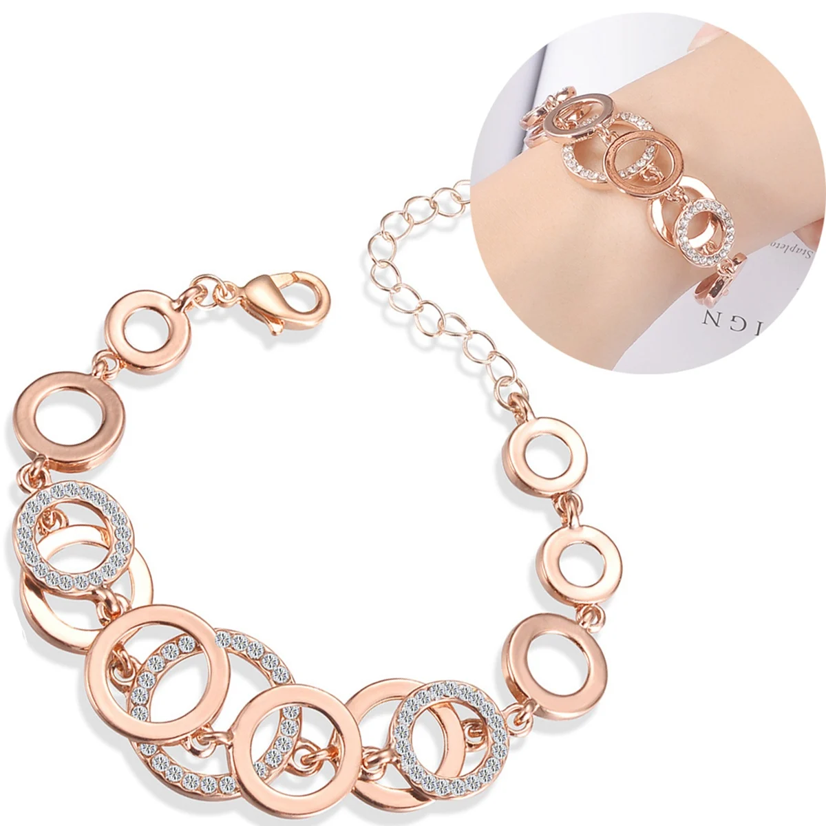 Rose Gold Crystal Link Chain Bracelet for Women and Girls Round Circle Bangle Rolo Designer Inspire CZ Rhinestone Jewelry