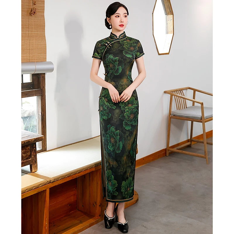 

Ele Long een Mommy Sle Retro Chinese Vintage Daily Wear ort Sve High Slit Floral Patterned Qipao Dr