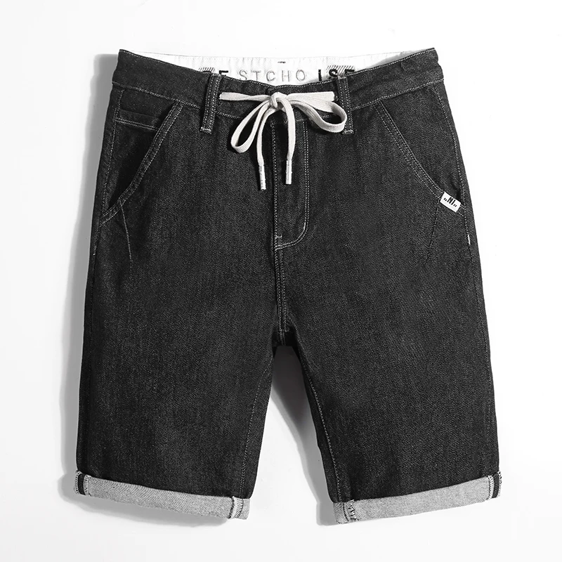 

Summer New Brand Clothing Men's Straight Black Denim Shorts Classic Elastic Waist Belt Quarter Pants American Casual Breeches