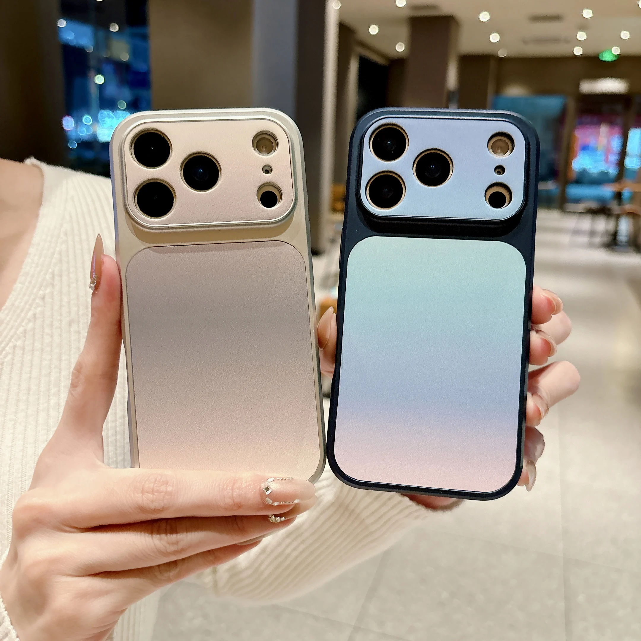 Seitlich Strukturierte Leder-Handyhülle für iPhone 17 16 15 14 13 Pro Max mit Großem Fenster, Matter Stoßfester Hülle und Farbverlauf-Rückseite