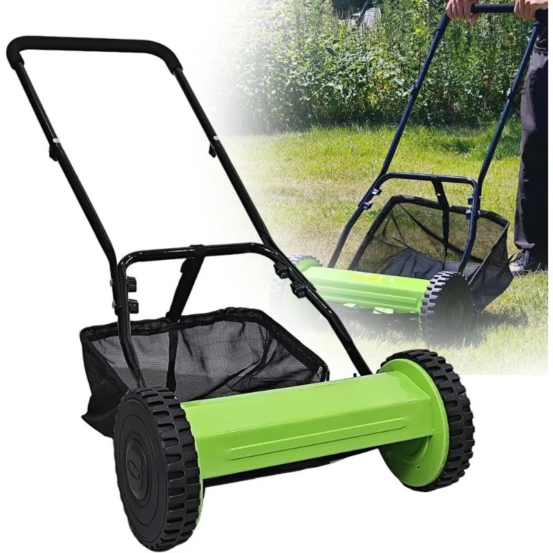 

Manual Push Reel Lawn Mower 14 Inch 5 Blades Cordless Grass Cutter with Removable Grass Bag Adjustable Cutting Height for