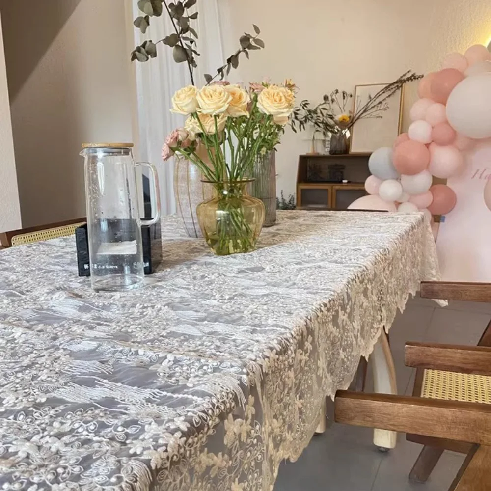 

High-end Embroidered French Lace Tablecloth Vintage Organza Table Linen White Table Runner Wedding