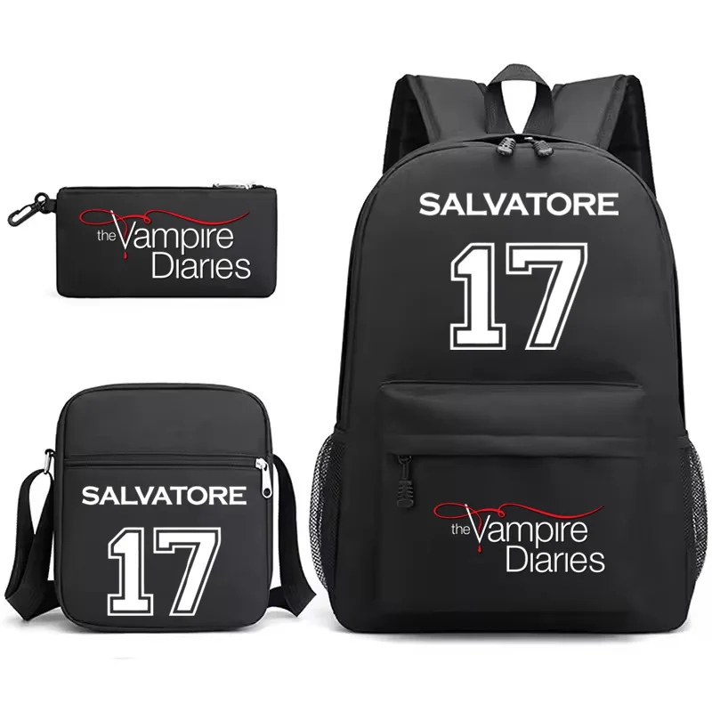 

3Pcs Movies The Vampire Diaries Print Backpack Set Large Capacity Laptop Shoulders Bag Salvatore Pattern School Bags Pencil Case