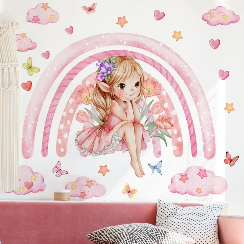 Большой Радужный Эльф Облако Наклейка на стену для детей Спальня Девушки Подарок Гостиная Украшение дома Розовая Радуга Наклейка на стену Muursticker