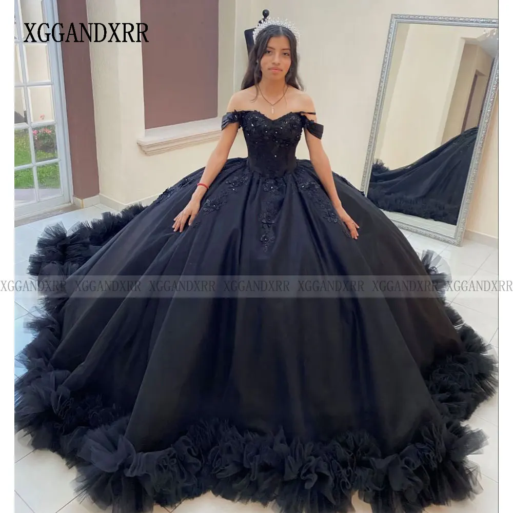 Vestido De fiesta negro elegante personalizado vestido para quinceañeras 2025 apliques De tren largo dulce 16 vestido De fiesta De cumpleaños Vestidos De XV Años