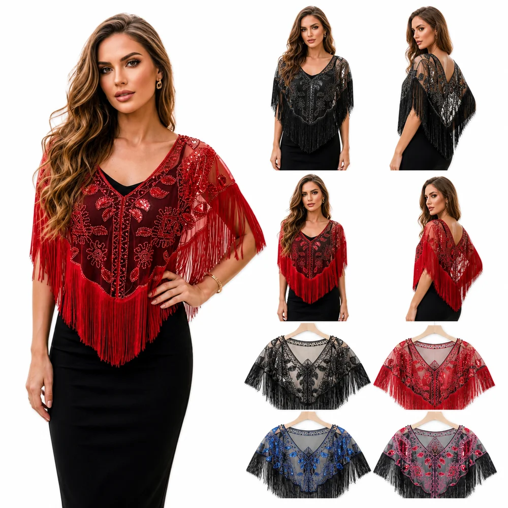 New Mesh Wrap Sequined Shawl Sheer See Through With Tassel Cape Cover Up Tulle Shawl Cloak Fringe Shawl Wedding Accessories