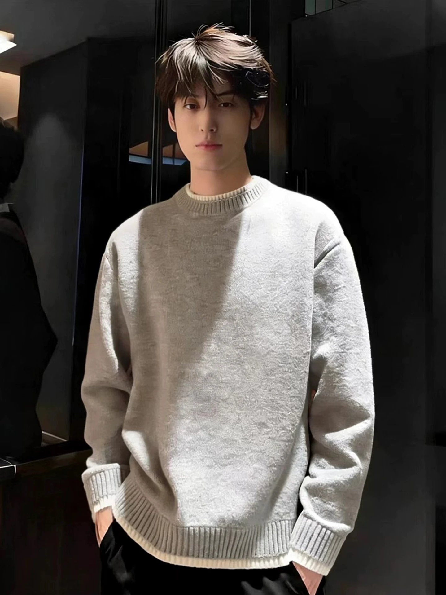 

Мужской вязаный свитер из утолщенной пряжи, зимний, премиум-класса, для ношения под одеждой, базовый слой, свободный крой, в корейском стиле, с длинными рукавами