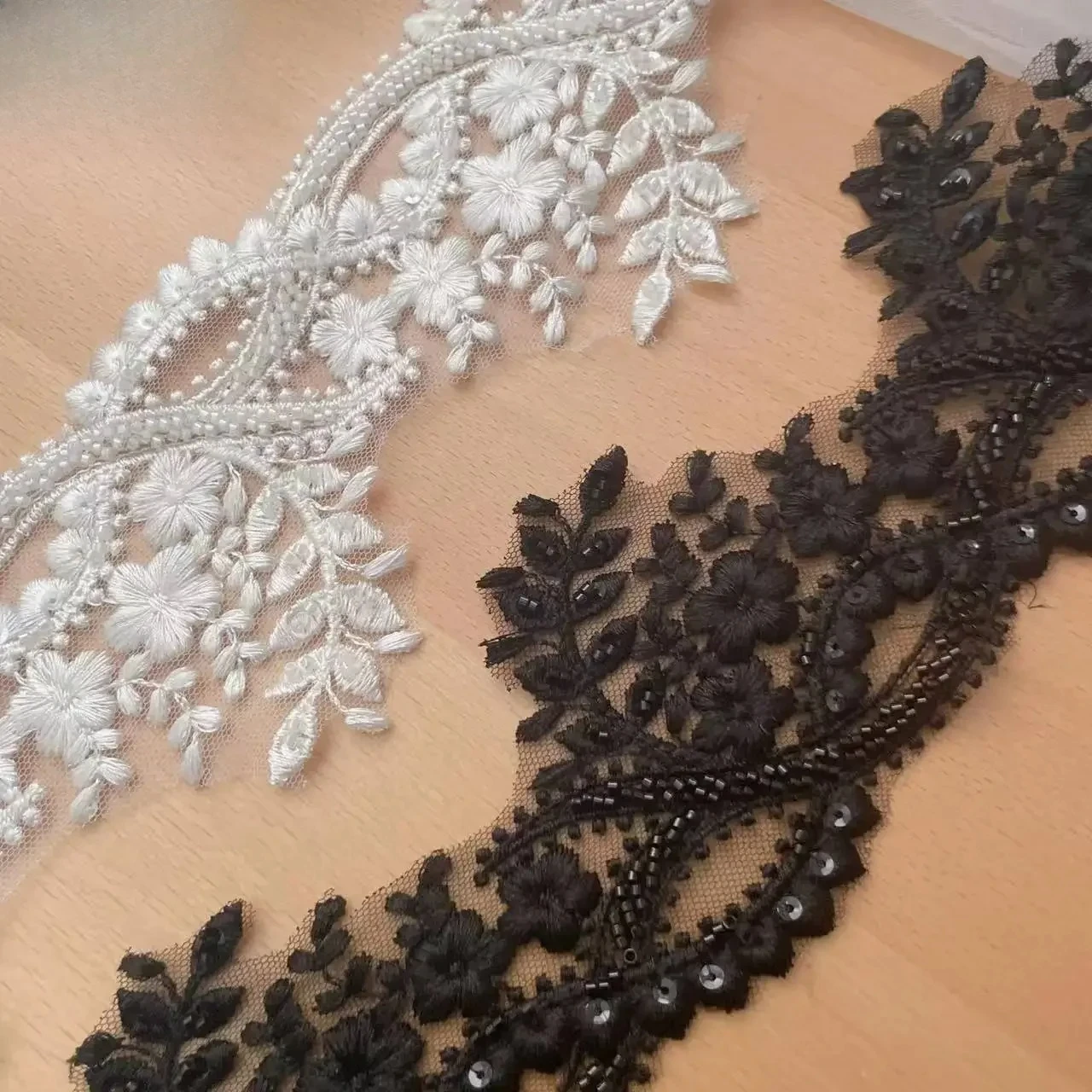High Quality Beaded Lace Trim for Wedding Veil Edge Piping, DIY Accessories, Handmade Clothing, Black and Milk White Accessories