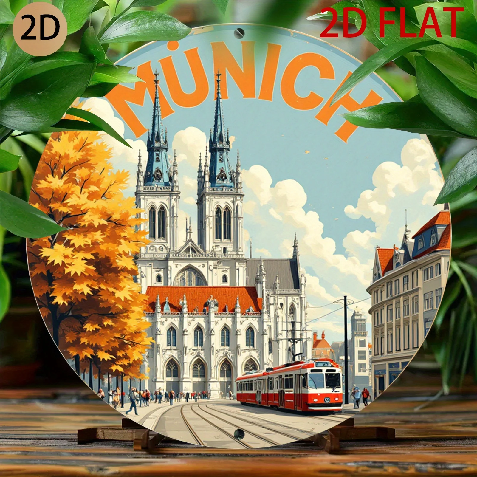 Vintage Munich Germany Cityscape Metal Wall Art - Tram & Cathedral Munich-Themed Print, Hook-and-Hang Decor for, Bavaria Landsca