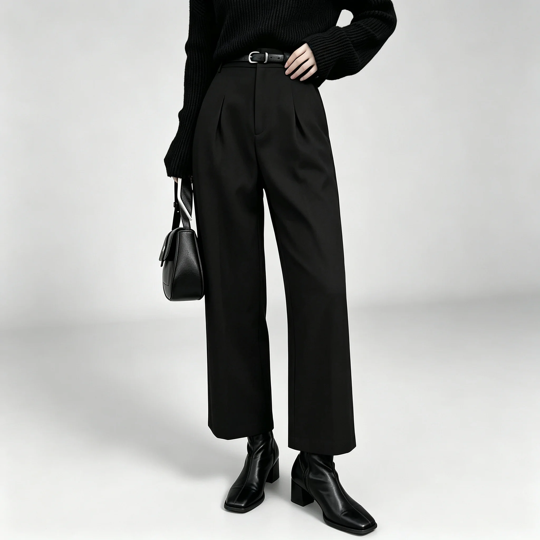 Damen Anzughose in Heather-Grau mit hoher Taille, weitem Bein, Gürtel und knöchellanger Länge für Arbeit, Business und Casual. – Detail 1
